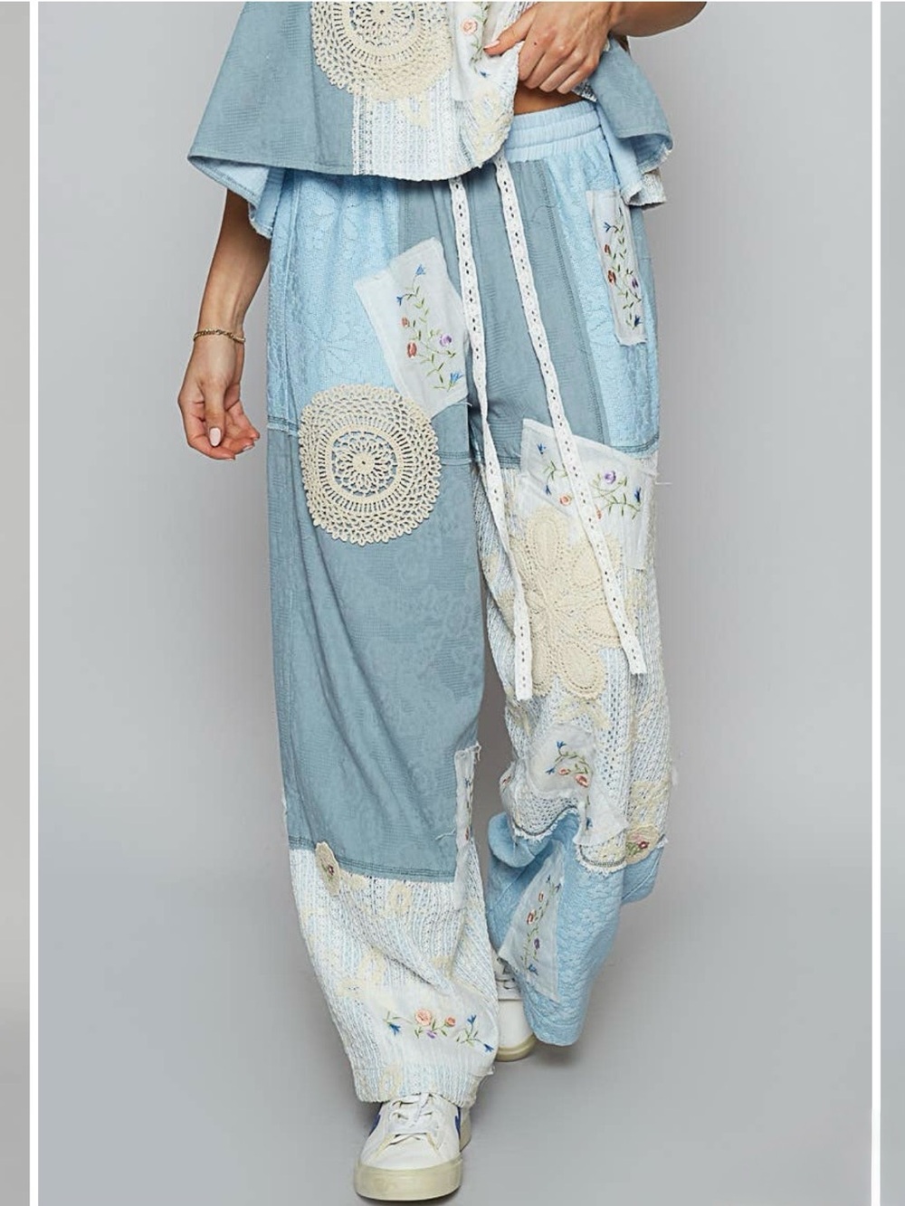 New: POL “Rose Garden” Mixed Embroidered Crochet Patchwork Wide Leg Pants• Small